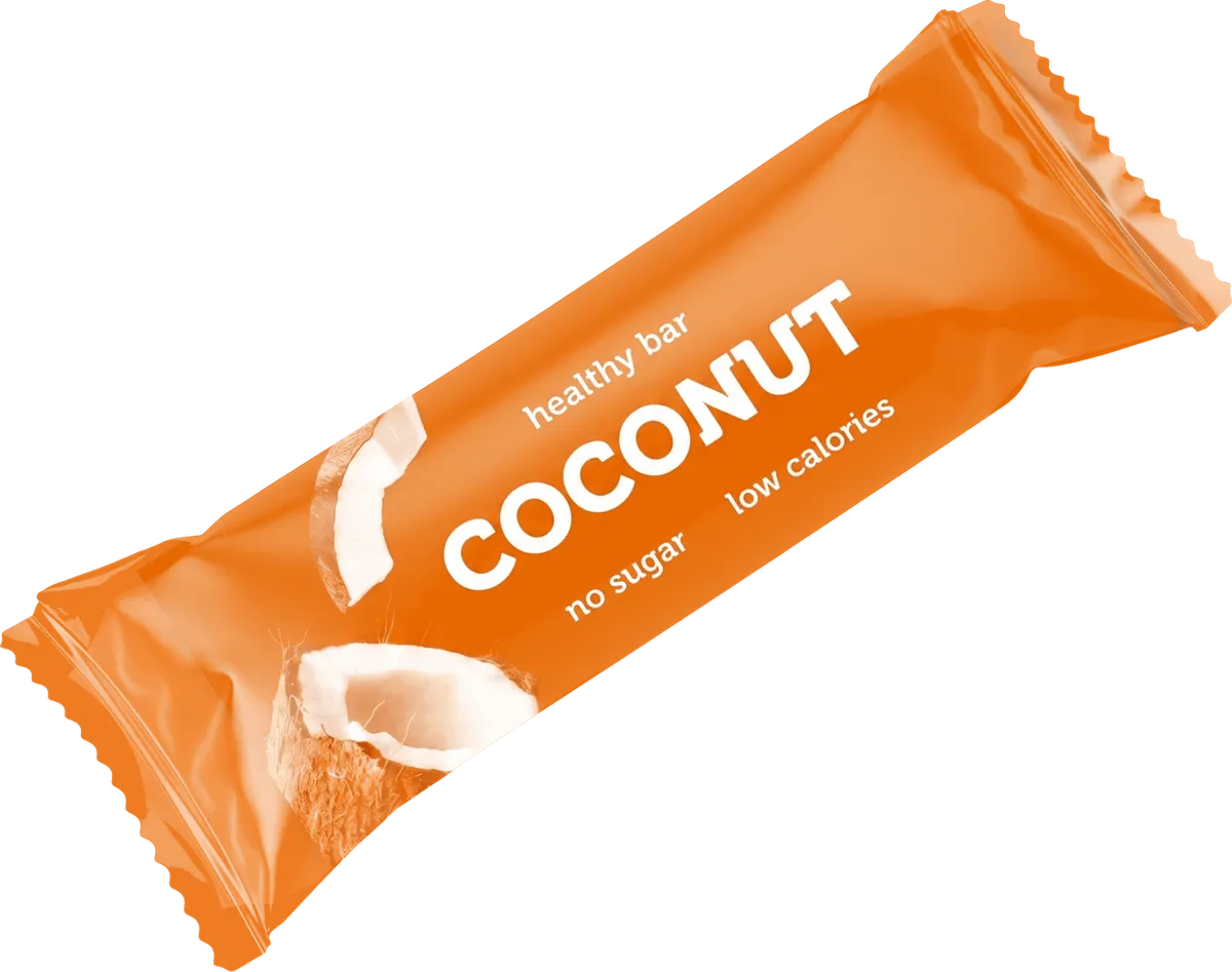 Coconut snack bar wrapper printed with the claims “healthy bar”, “low calories”, and “no sugar”