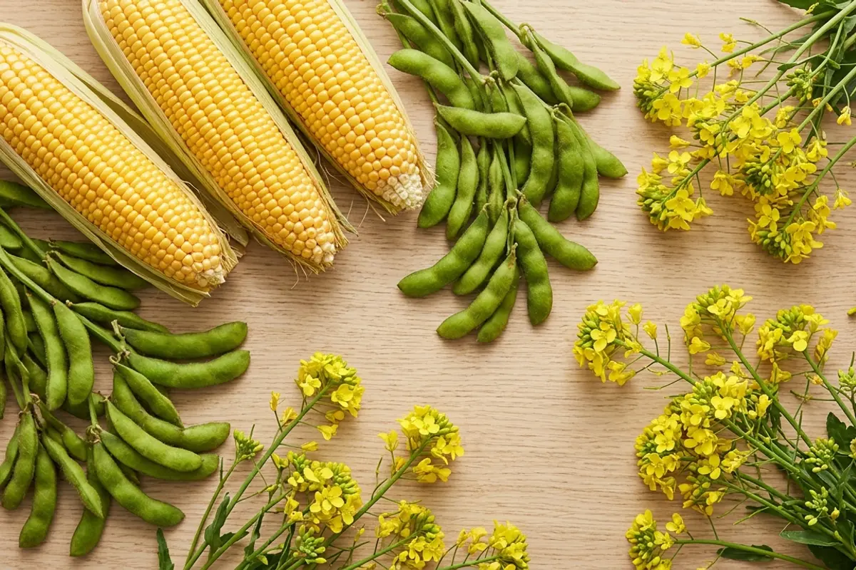 Overhead view of raw agricultural commodity crops including golden corn ears, green soybean pods, and yellow canola blossoms arranged on a light wooden surface, representing the ingredients most commonly associated with bioengineered food disclosure requirements, clean natural daylight