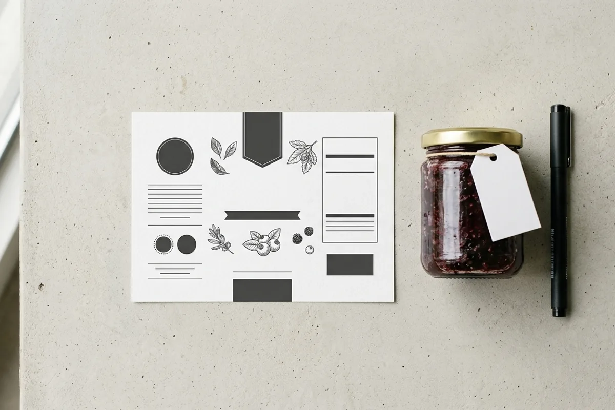 A food product label laid flat on a light concrete surface next to a pen and printed checklist, representing the process of reviewing label compliance requirements, soft natural light from the side, clean editorial product photography style