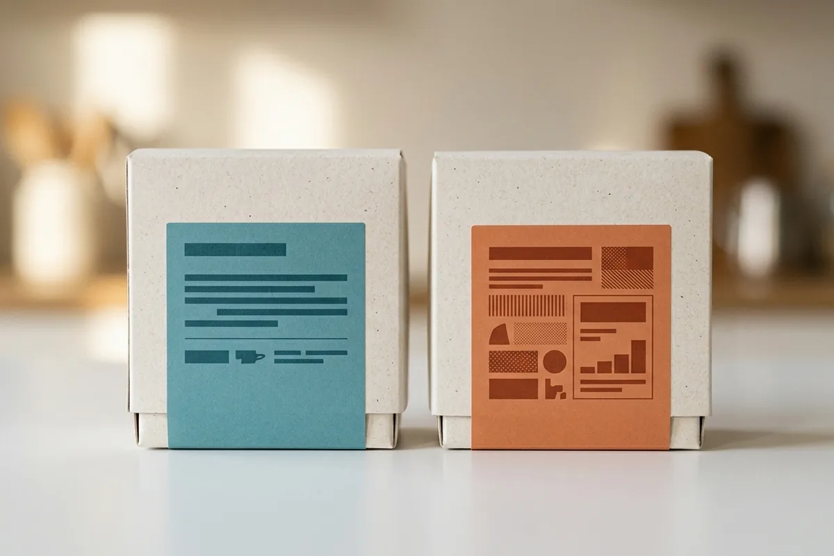 Two food product packages side by side on a white surface, each with a distinct label panel layout, representing the difference between US and Canadian labeling programs