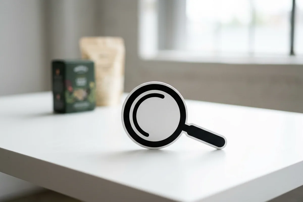 A black and white magnifying glass on a clean white surface with food packaging in the background, representing Canada's mandatory front-of-package nutrition symbol requirement