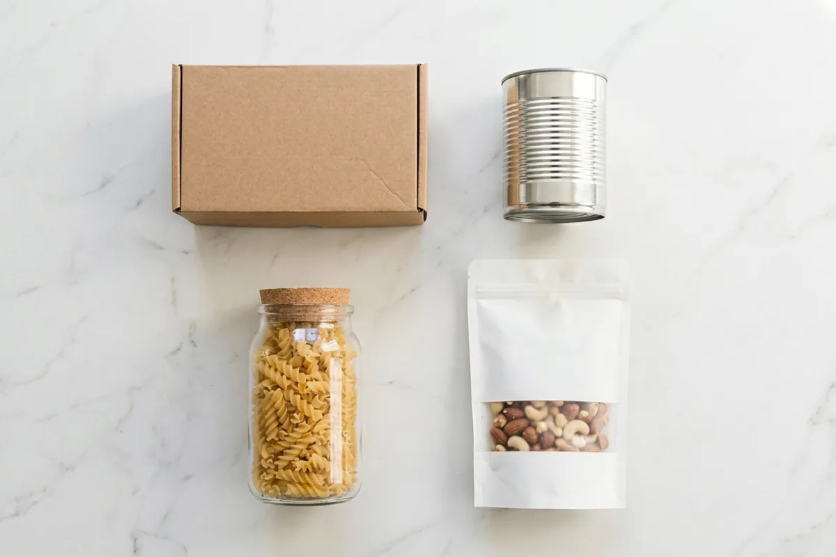 Assorted food packaging formats arranged on a white surface including a rectangular box, cylindrical can, flexible pouch, and glass jar, illustrating the different container shapes used in CPG food products