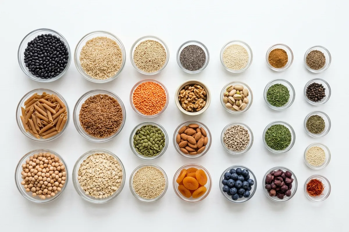 An overhead view of a clean kitchen workspace with an organized array of food ingredients in small glass bowls arranged from largest quantity to smallest, showing the concept of descending order of predominance by weight, with natural light and a neutral background