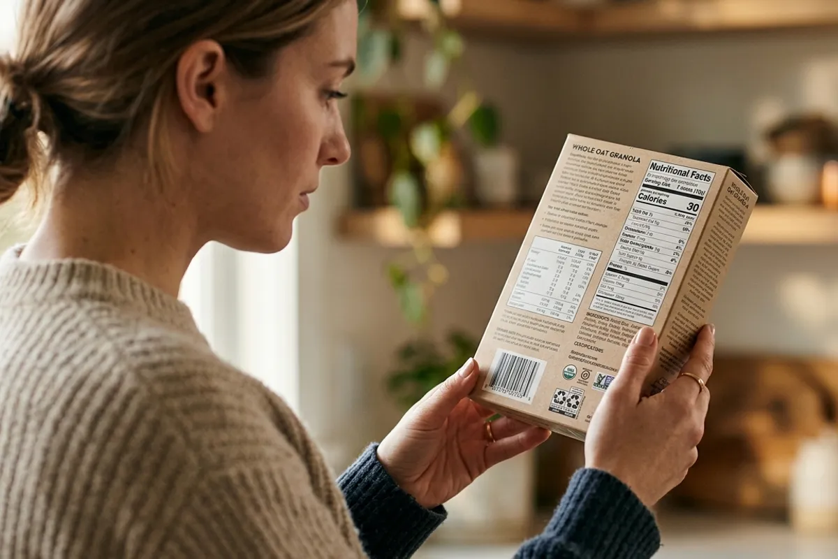 A close-up of a person's hand holding a small packaged food item and reading the back panel ingredient statement under good lighting, representing a careful label review process, clean neutral background