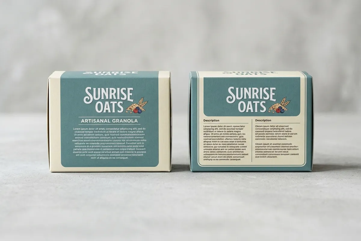 Two sets of packaged food products side by side on a neutral background, one set showing an English-only ingredient panel and the other showing a bilingual English and French panel, representing the distinct labelling requirements for US and Canadian markets
