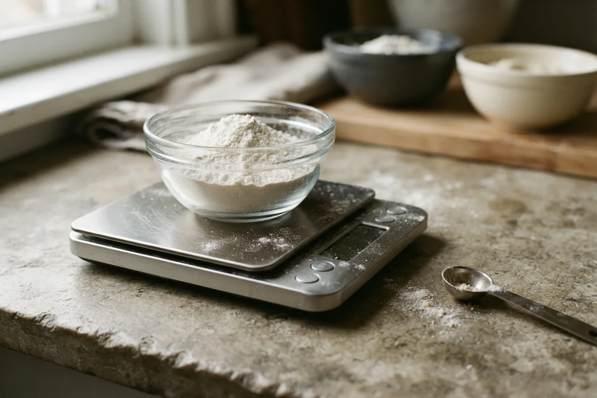 A digital kitchen scale, ingredient bowls, calculators, and a structured worksheet showing the unrounded measurements used before applying FDA nutrition label rounding rules