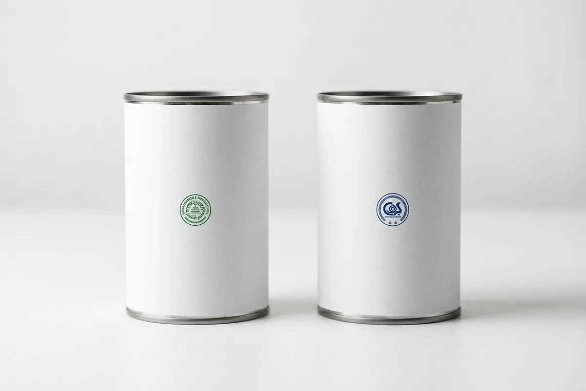 Two identical food product packages on a clean white surface, one with an FDA compliance seal and one with a USDA inspection mark, side by side under even studio lighting, illustrating the jurisdictional split between the two agencies
