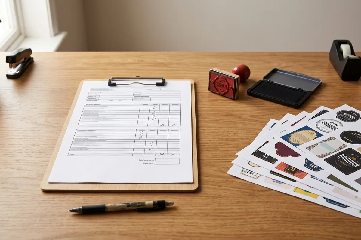 A clipboard with a checklist form and a red official approval stamp beside a stack of food label artwork proofs on a clean neutral desk, representing the FSIS label approval process