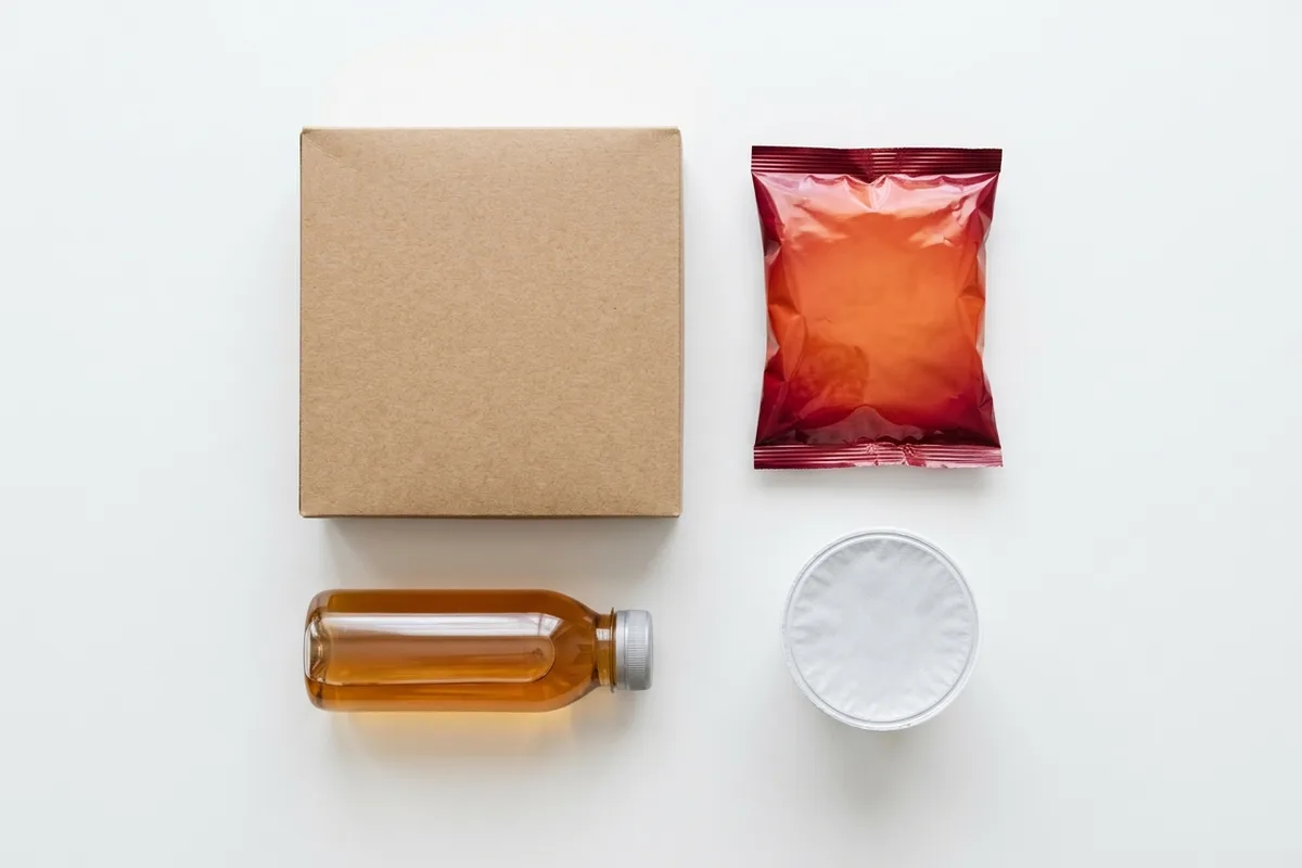 A top-down flat lay of various food packages including a snack bag, yogurt cup, beverage bottle, and cereal box arranged on a clean white surface, illustrating the range of packaged food formats that each have a distinct FDA-assigned reference amount