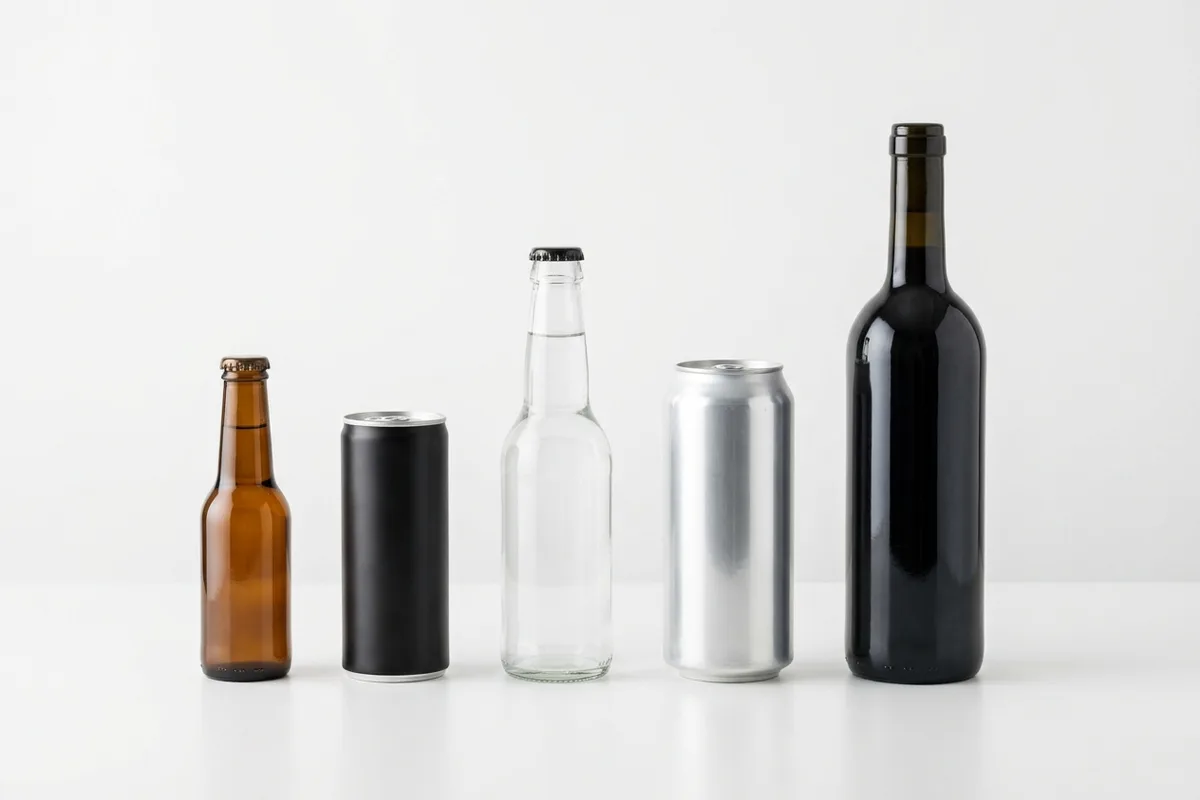 Assorted beverage bottles and food packages in ascending sizes arranged on a clean white surface, illustrating the range of container sizes relative to FDA reference amounts for single-serving classification