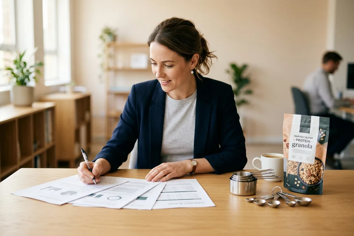 A food scientist reviewing label documentation at a clean desk with measuring tools and product packages nearby, soft natural studio lighting, representing careful analysis of nutritional data from the foundation up