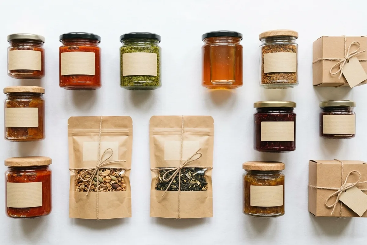 Small-batch artisan food jars lined up on a clean white wooden shelf, representing the early-stage food business landscape where the small business nutrition labeling exemption is relevant