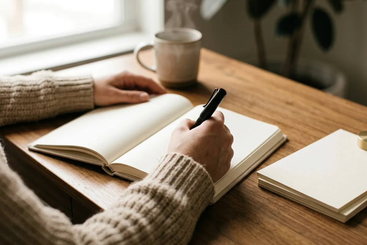 A person's hands on a clean wooden desk holding a pen near an open planner and a neat stack of white papers, representing the annual notice filing requirement for maintaining the FDA small business nutrition labeling exemption