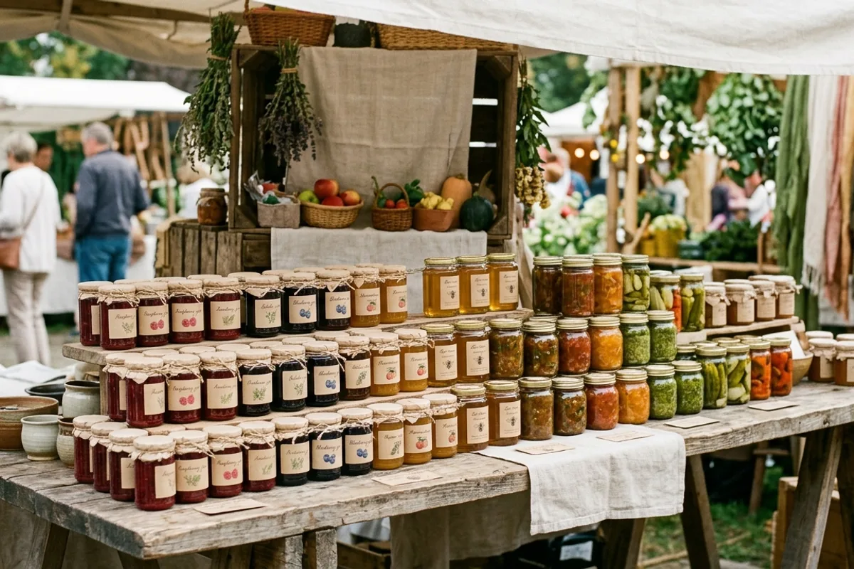 Assorted small-batch food products at a farmers' market stall on a wooden table in soft outdoor natural light, representing the Canadian venue-based exemption that applies to direct-producer sales at specified local venues