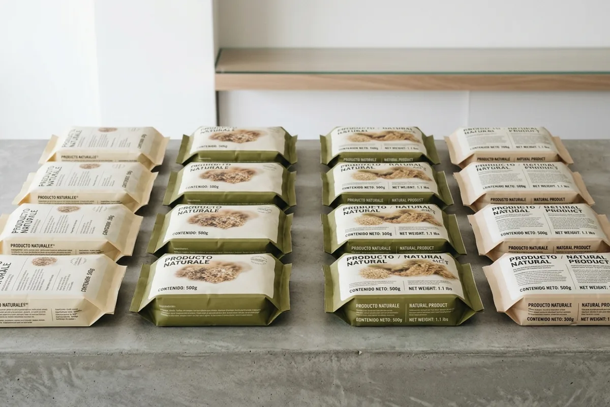 Assorted packaged food products lined up on a clean surface showing both English and French text on labels, representing the cross-border labeling differences between the US and Canadian markets
