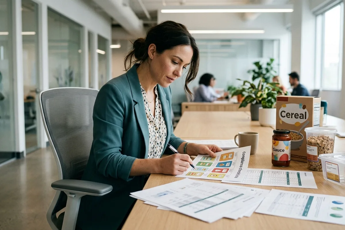 A food safety professional in a clean food production environment reviewing paperwork at a stainless steel work surface, with allergen control signage visible in the background, representing documented allergen management procedures