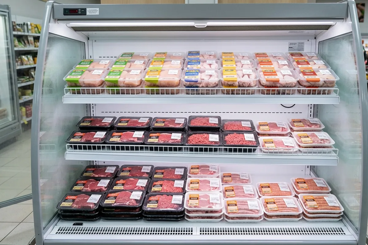An open refrigerator case with neatly arranged fresh meat and poultry packages on a clean white shelf, each with a visible date stamp on the packaging, soft cool studio lighting, clean commercial photography style