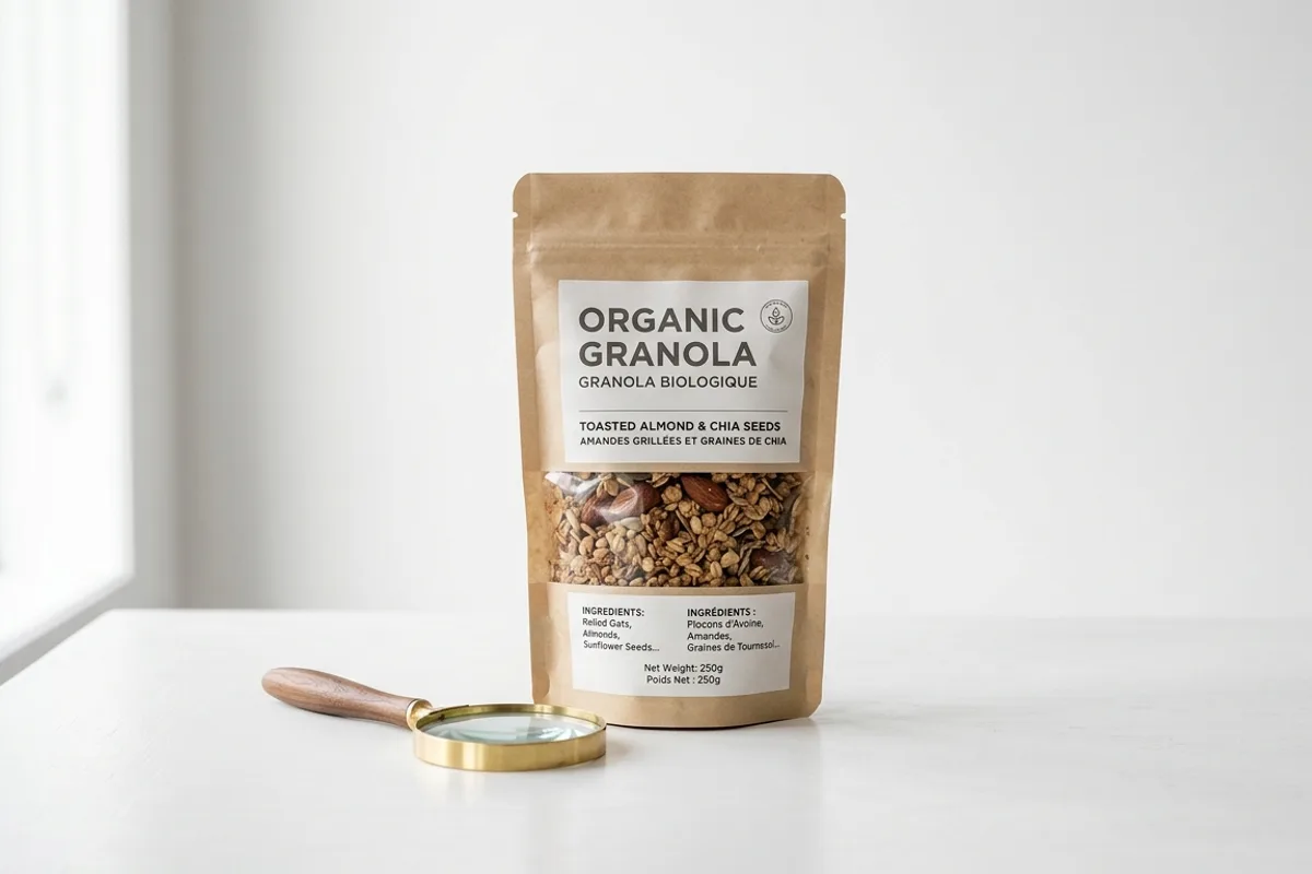 A food product package on a clean white surface next to a magnifying glass, with a bilingual best before date visible on the label reading both English and French text, clean editorial lighting with soft shadows, professional food photography style