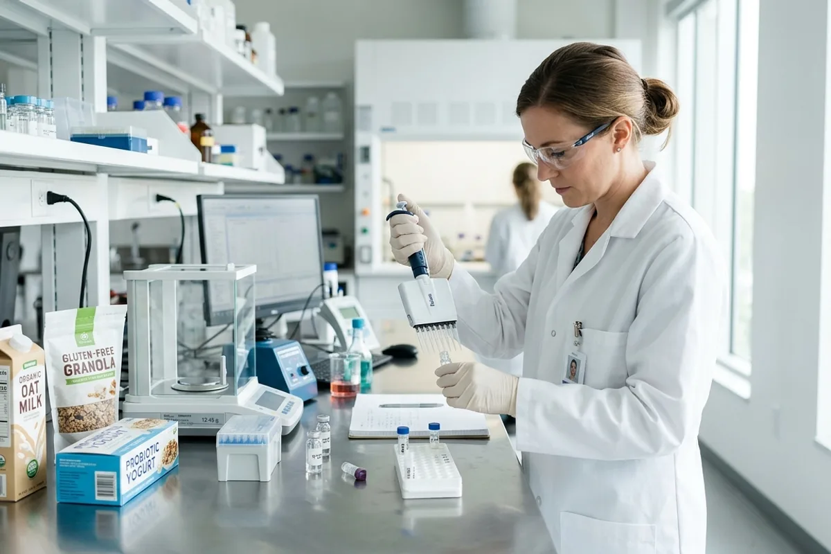 A food scientist in a clean laboratory environment carefully measuring a precise sample from a small container, with graduated instruments and packaged food products on the bench, representing the analytical threshold testing behind a gluten-free claim
