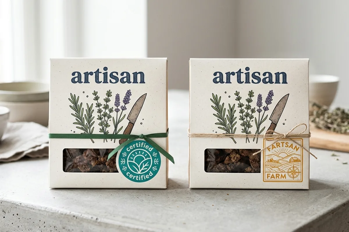 Two food product packages placed side by side on a clean neutral surface, one facing left and one facing right, representing the regulatory distinction between US and Canadian gluten-free labeling requirements for the same type of product