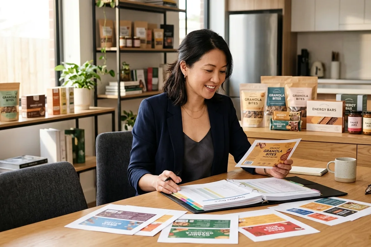 A founder at a clean worktable reviewing a food label draft alongside a supplier documentation file, with packaged food products in the background, representing the supply chain verification process behind a compliant gluten-free claim