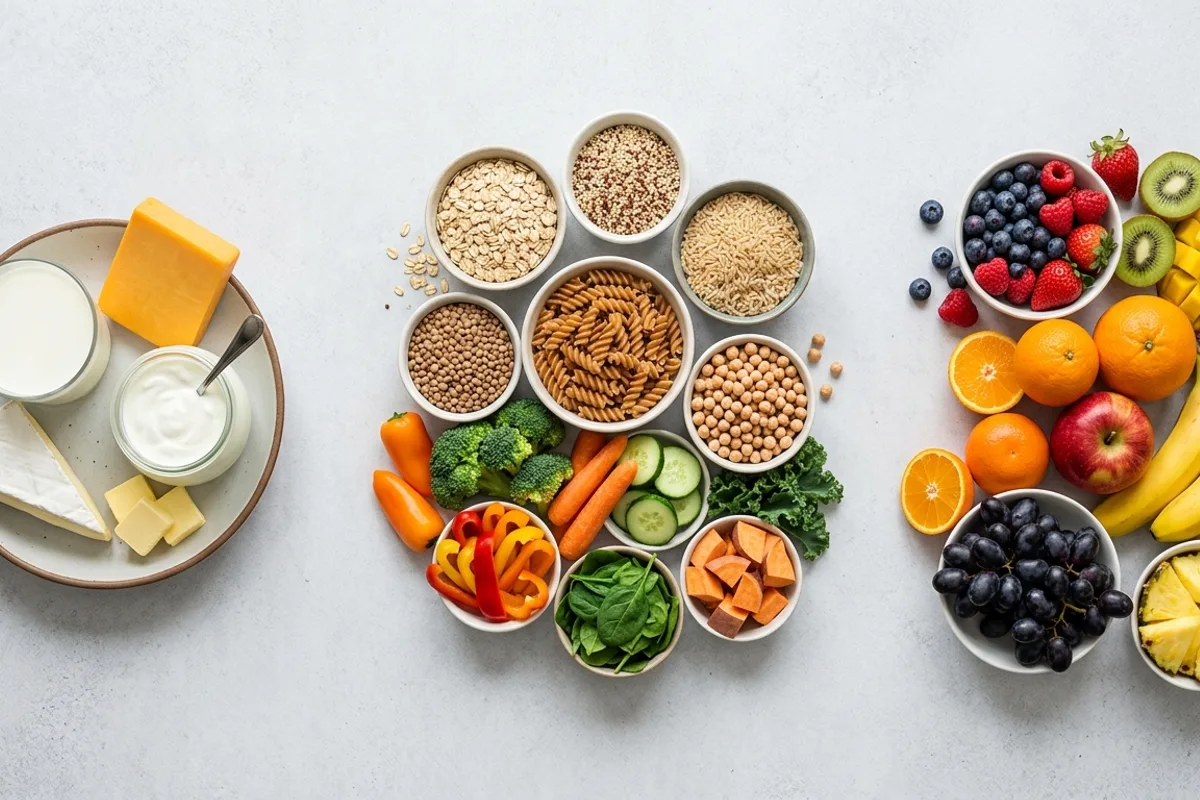 A clean editorial flat lay showing three distinct groupings of everyday food products on a neutral background, each group visually separated, representing the three regulatory categories of health-related label claims