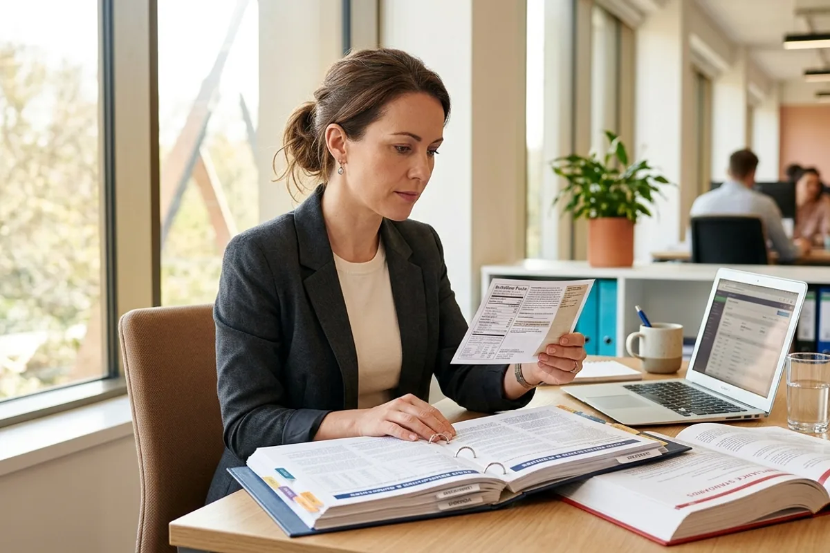 A food compliance professional reviewing a printed food label at a light-filled desk, with regulatory reference materials open beside them, representing the expert review process before a label goes to print