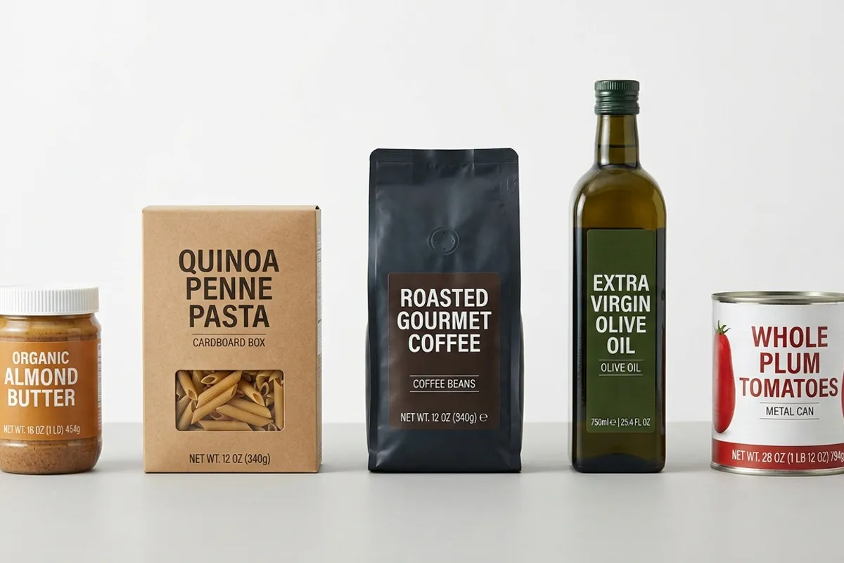 Multiple packaged food products resting on a light neutral surface, the bottom portions of their labels visible, showing net weight statements in the lower section of each label, clean editorial product photography, bright natural lighting