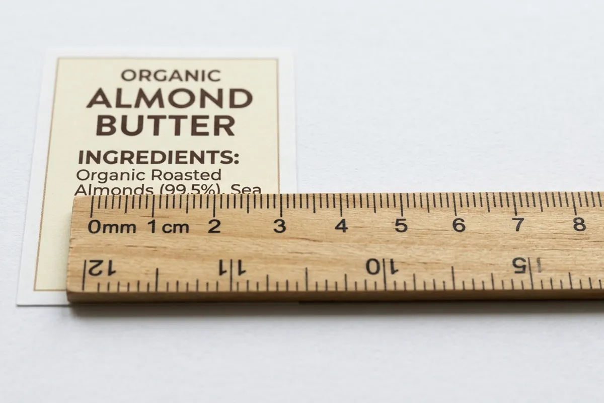 A precise measuring ruler laid flat on a clean white surface next to a small food product label, representing the minimum type height requirements for net quantity declarations, close-up editorial photography, natural light