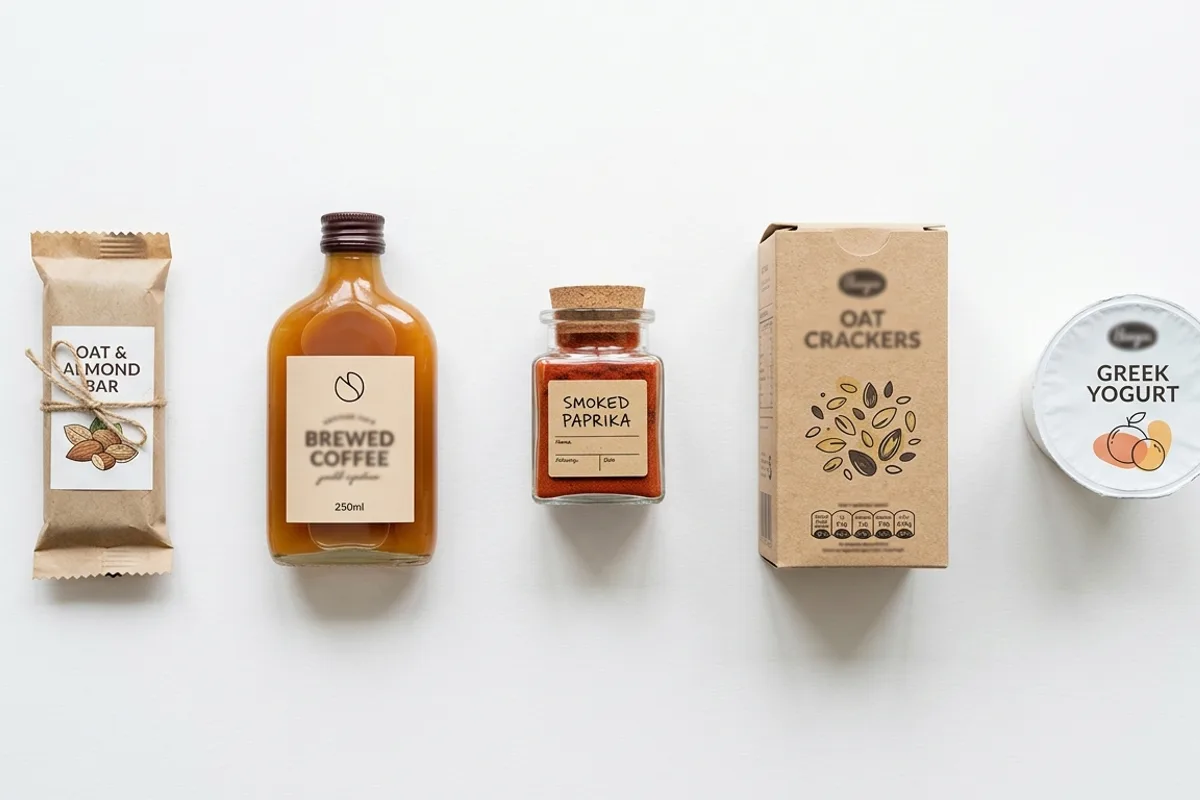 An array of packaged food products on a clean white surface showing front panels with various nutrient content claims including "low sodium," "fat free," and "good source," representing the regulated nature of these label terms, bright natural lighting, editorial food photography style
