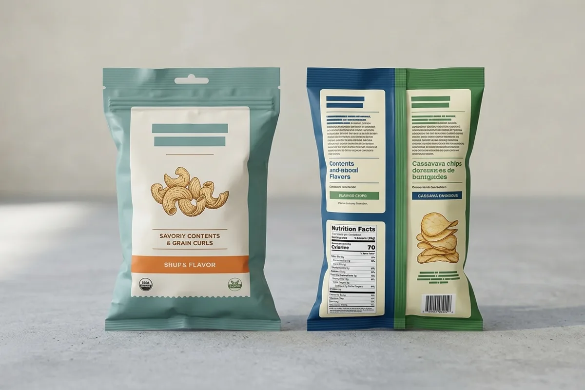 Two side-by-side food product labels showing English and French bilingual nutrient content claims on a clean neutral background, representing the distinct US and Canadian frameworks for nutrient claim labeling, clean commercial photography style