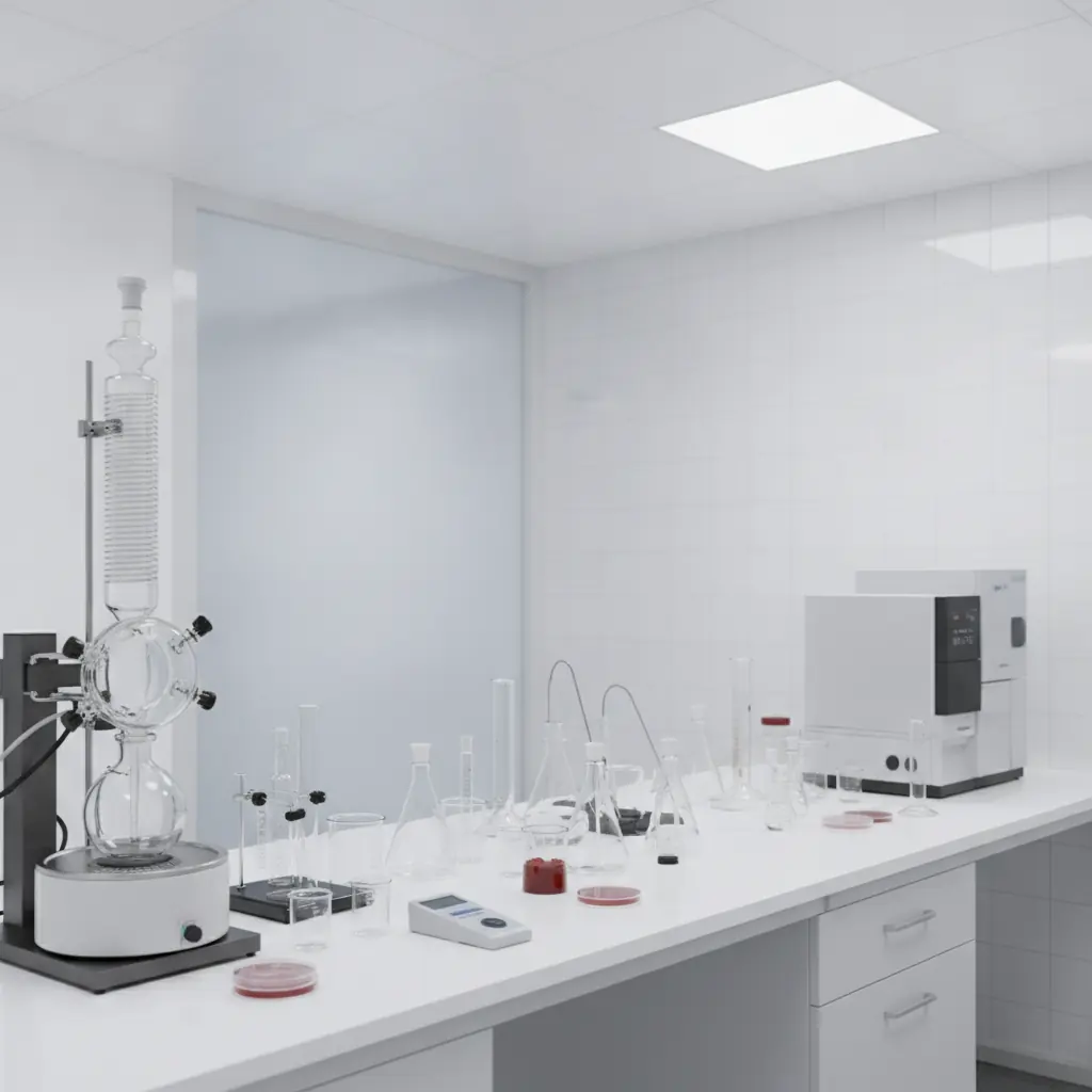 Scientific glassware and analytical equipment on a clean white laboratory bench used for food nutritional analysis