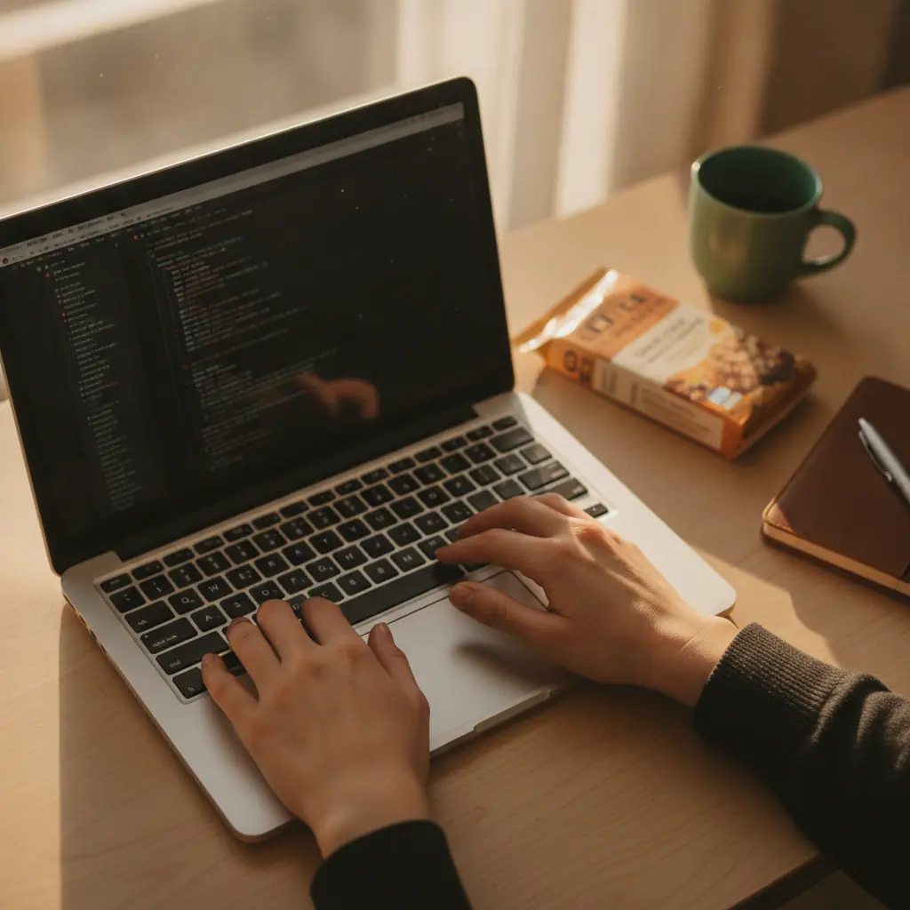 Hands on a laptop keyboard with a food product package visible on the desk, representing the work of building a nutrition label independently