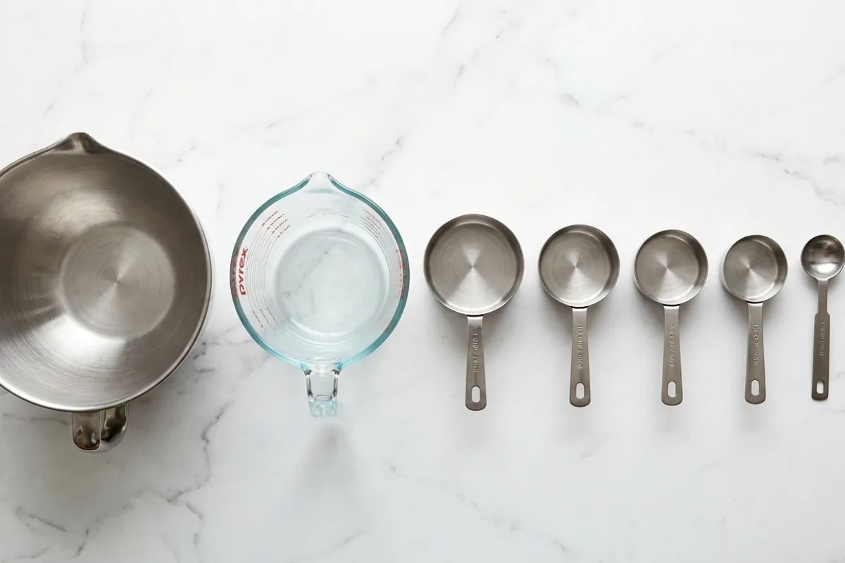An overhead view of an organized kitchen workspace with measuring tools and food containers arranged in a precise vertical sequence on a neutral surface, representing the mandatory order and hierarchy of the Nutrition Facts panel elements, clean editorial lighting
