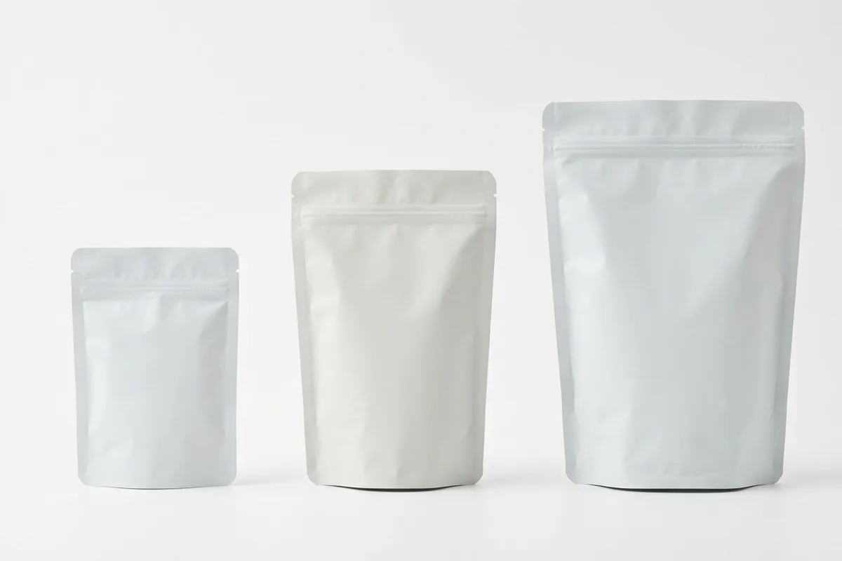 Two packages of food products of different sizes side by side on a clean surface, one a small single-serve pouch and one a larger multi-serve bag, representing the size and serving thresholds that trigger different Nutrition Facts format requirements under 21 CFR 101.9