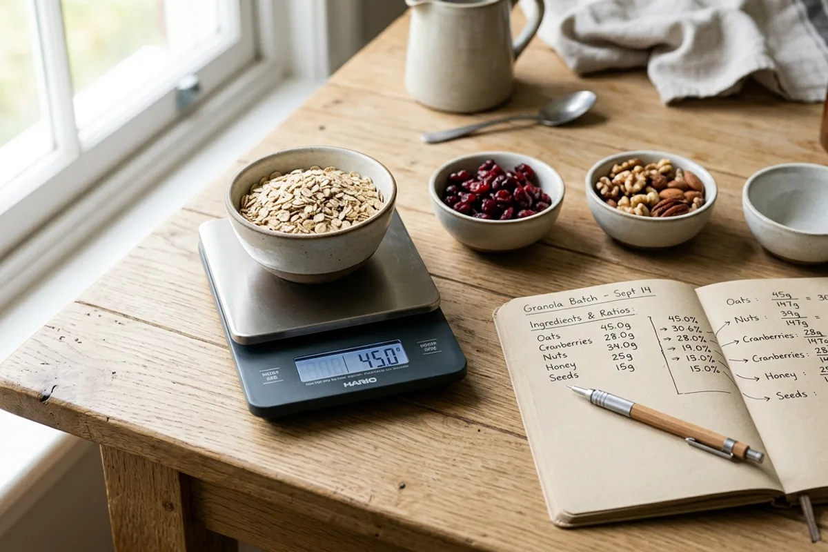 A clean overhead view of kitchen scales with organic grain ingredients and a notepad, representing the process of calculating organic ingredient percentages for food label compliance