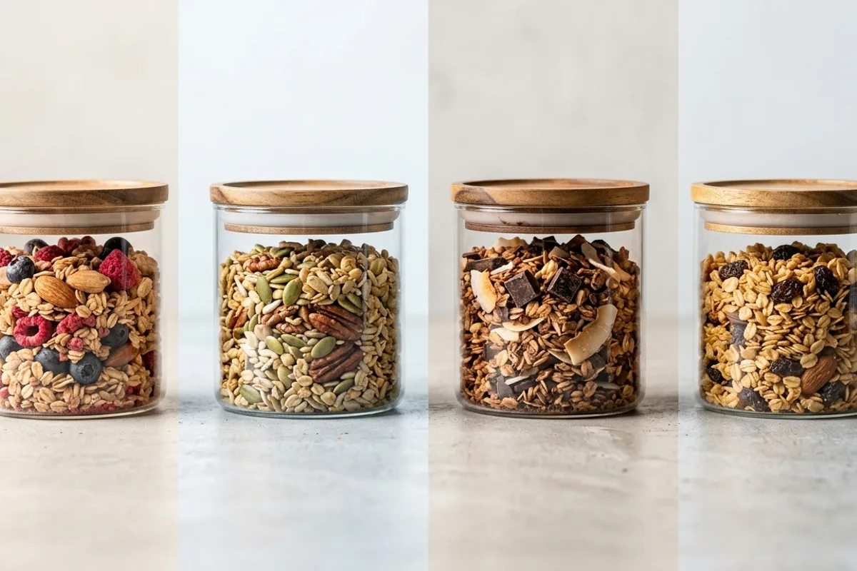 Four distinct product packages arranged in a clean studio setting showing different organic label tiers, with bright natural lighting and a modern editorial style, representing the four USDA organic labeling categories