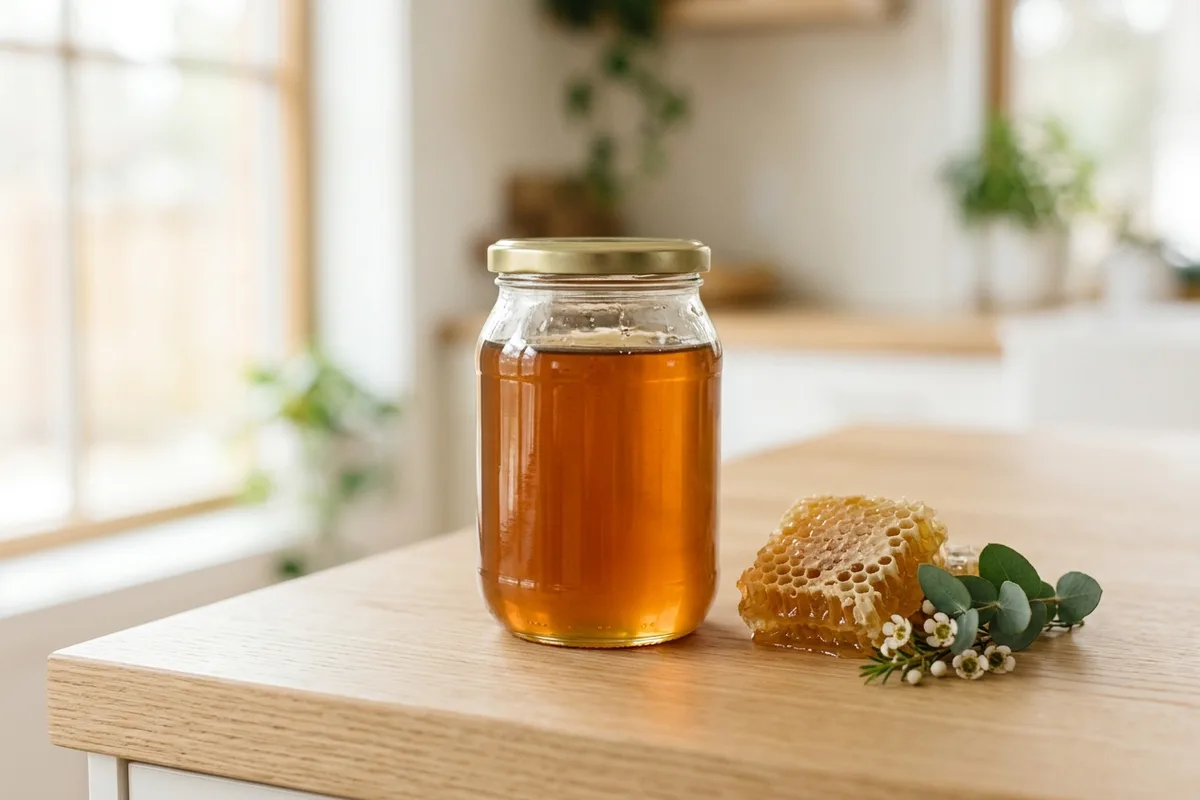 A glass jar of organic honey on a light wood surface with fresh honeycomb and green leaves, representing organic products sold across the US and Canadian markets