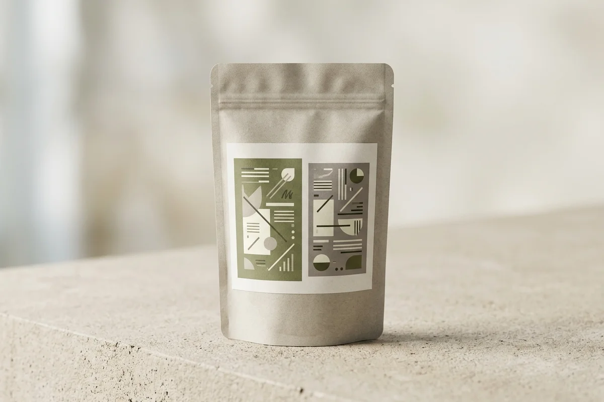 A packaged food product photographed on a neutral surface showing the front panel with a bilingual common name in both English and French, set at similar prominence, clean editorial daylight