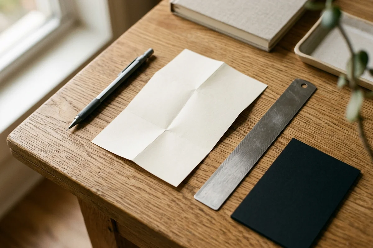 A close-up of the front panel of a food package on a designer's work surface, with rulers and a bold black type sample laid alongside for scale, showing type size hierarchy being reviewed for compliance, clean editorial lighting